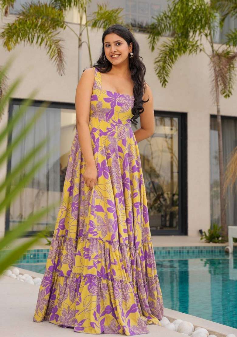 Yellow Floral Print Rayon Gown - Indya