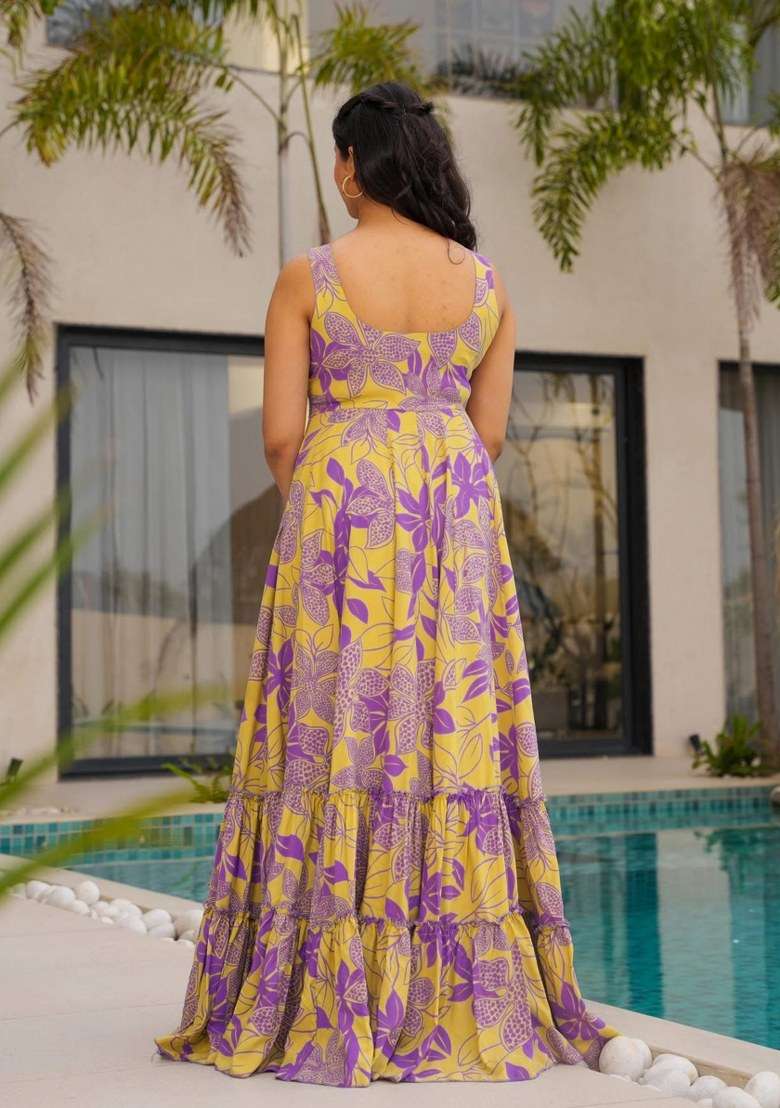 Yellow Floral Print Rayon Gown - Indya