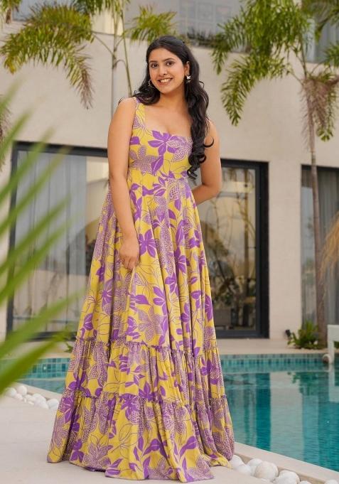 Yellow Printed Rayon Gown