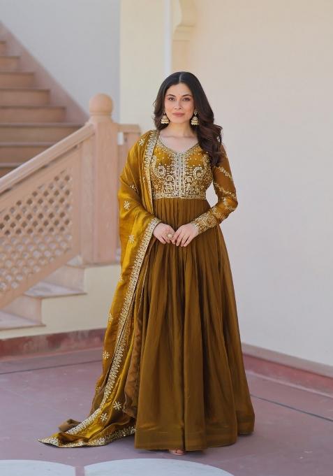 Green Embroidered Chiffon Anarkali Set With Dupatta