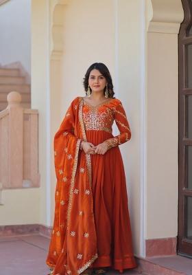 Orange Embroidered Chiffon Anarkali Set With Dupatta