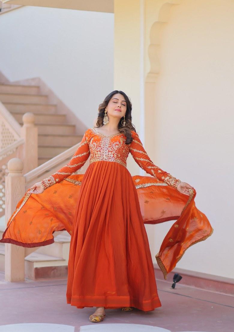 Orange Embroidered Chiffon Anarkali Set With Dupatta - Indya