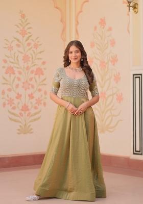 Green Embroidered Chiffon Gown