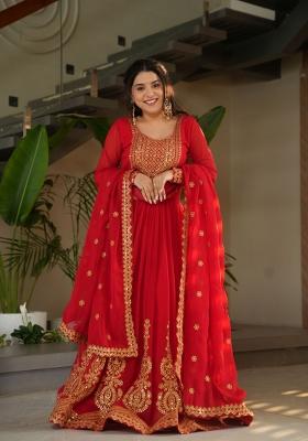 Red Embroidered Georgette Anarkali Set With Dupatta
