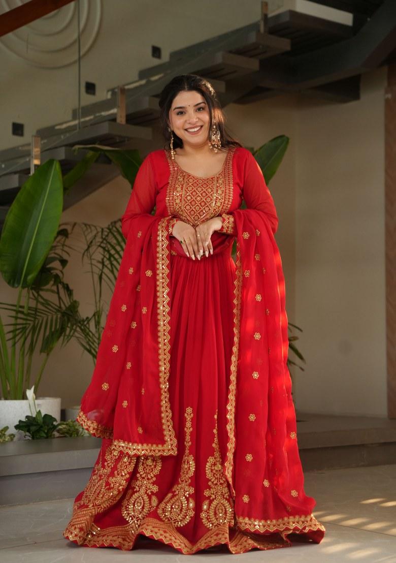 Red Embroidered Georgette Anarkali Set With Dupatta