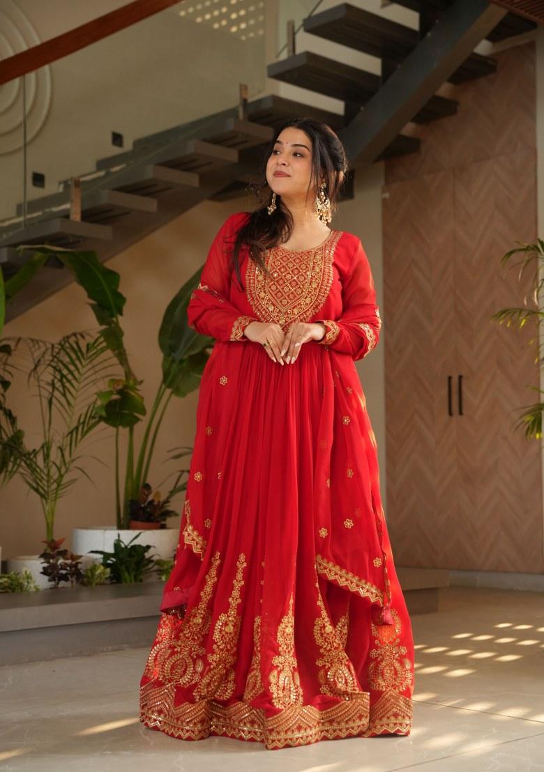 Red Embroidered Georgette Anarkali Set With Dupatta