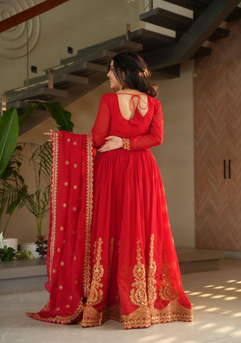 Red Embroidered Georgette Anarkali Set With Dupatta