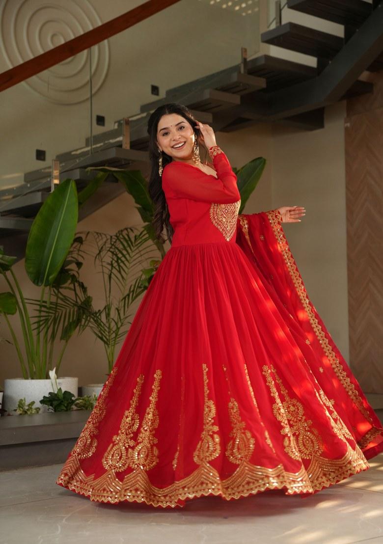 Red Embroidered Georgette Anarkali Set With Dupatta