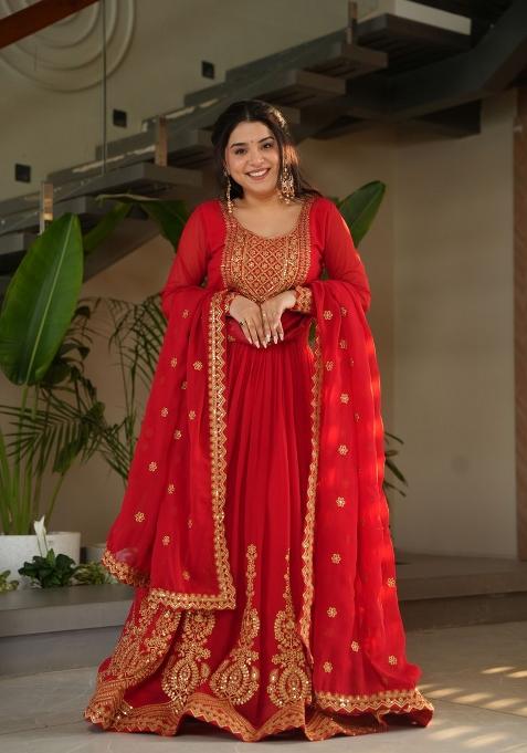 Red Embroidered Georgette Anarkali Set With Dupatta