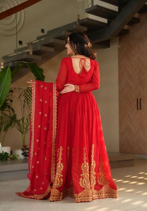 Red Embroidered Georgette Anarkali Set With Dupatta