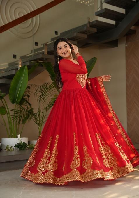 Red Embroidered Georgette Anarkali Set With Dupatta