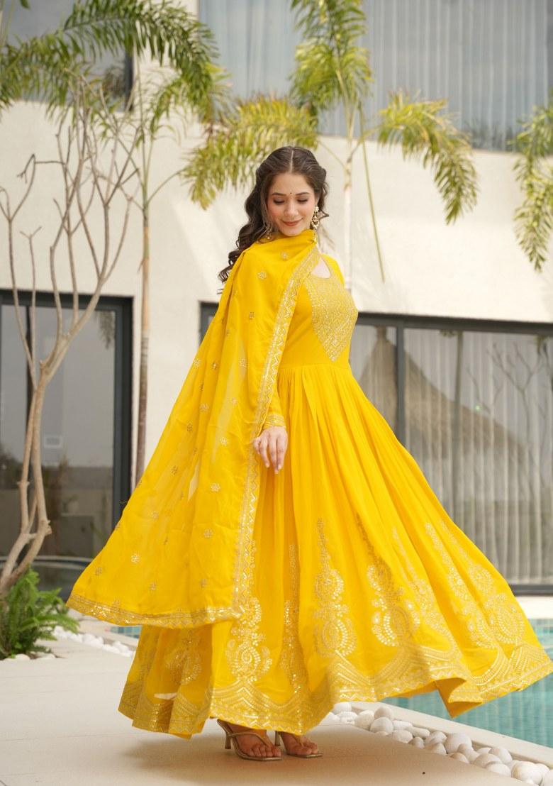 Yellow Embroidered Georgette Anarkali Set With Dupatta