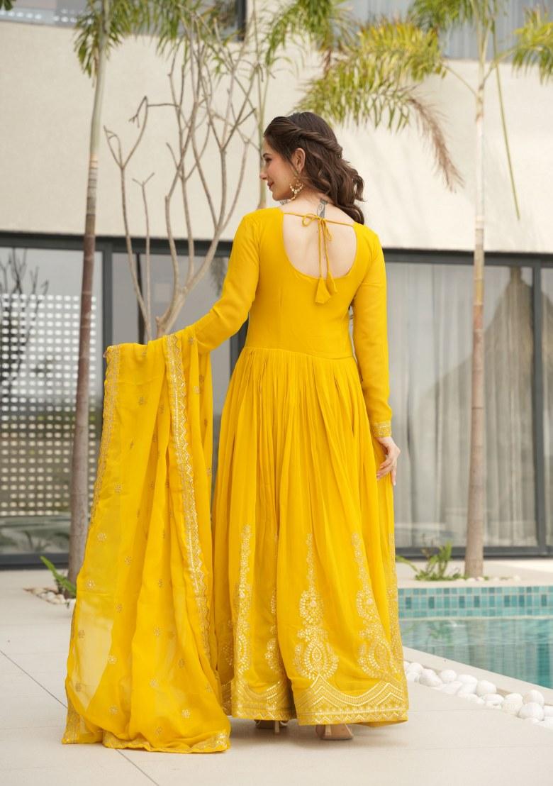 Yellow Embroidered Georgette Anarkali Set With Dupatta