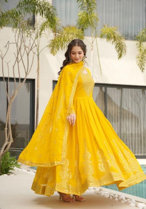 Yellow Embroidered Georgette Anarkali Set With Dupatta