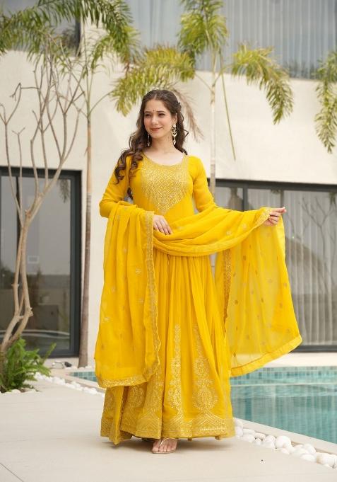 Yellow Embroidered Georgette Anarkali Set With Dupatta