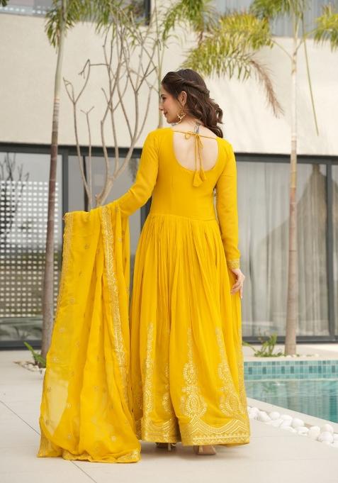 Yellow Embroidered Georgette Anarkali Set With Dupatta