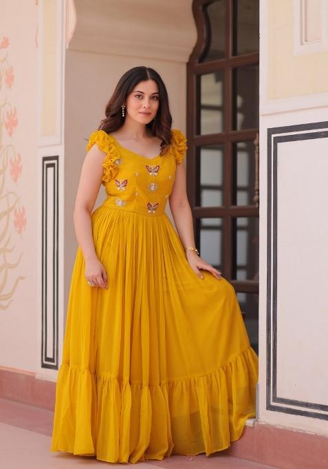 Yellow Embroidered Georgette Gown
