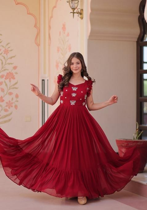 Maroon Embroidered Georgette Gown