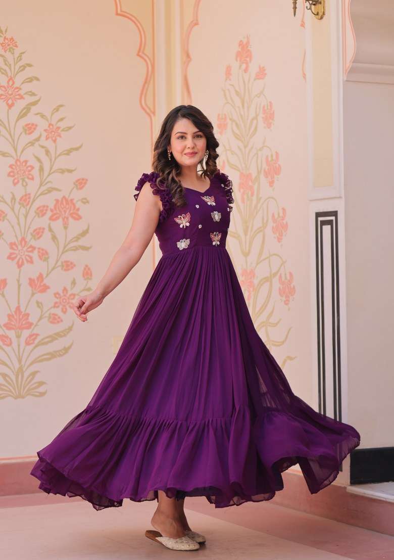 Purple Embroidered Georgette Gown - Indya