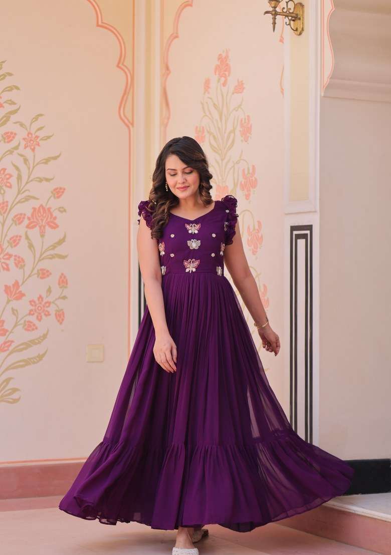 Purple Embroidered Georgette Gown - Indya