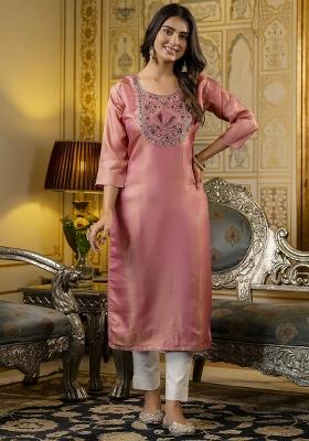 Baby Pink Embroidered Art Silk Kurta