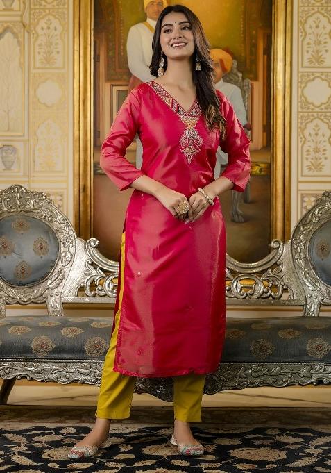 Pink Embroidered Art Silk Kurta