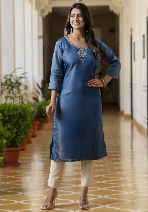 Teal Blue Embroidered Art Silk Kurta