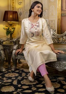 Off White Embroidered Art Silk Kurta