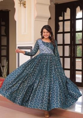 Green Printed Art Silk Gown