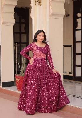 Wine Printed Art Silk Gown