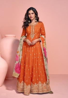 Orange Embroidered Art Silk Anarkali Set With Dupatta