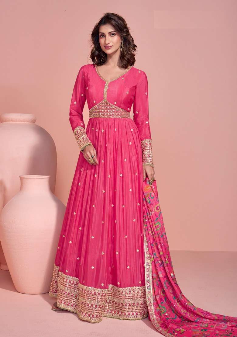 Pink Embroidered Art Silk Anarkali Set With Dupatta - Indya