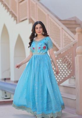 Sky Blue Embroidered Chiffon Gown