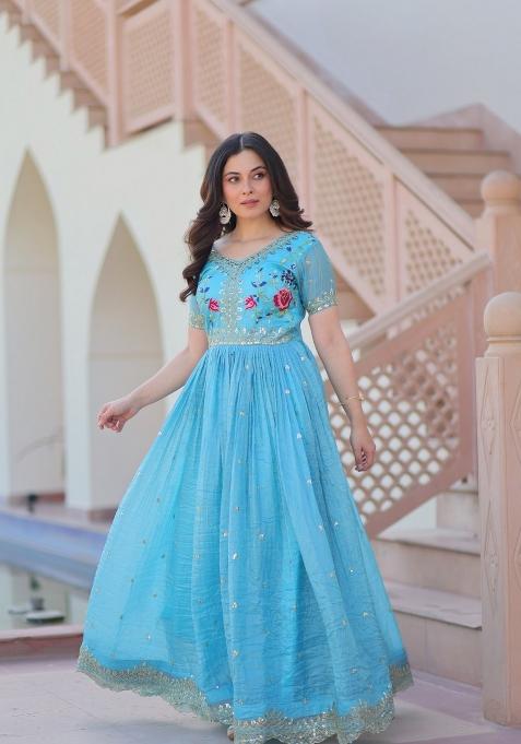 Sky Blue Embroidered Chiffon Gown