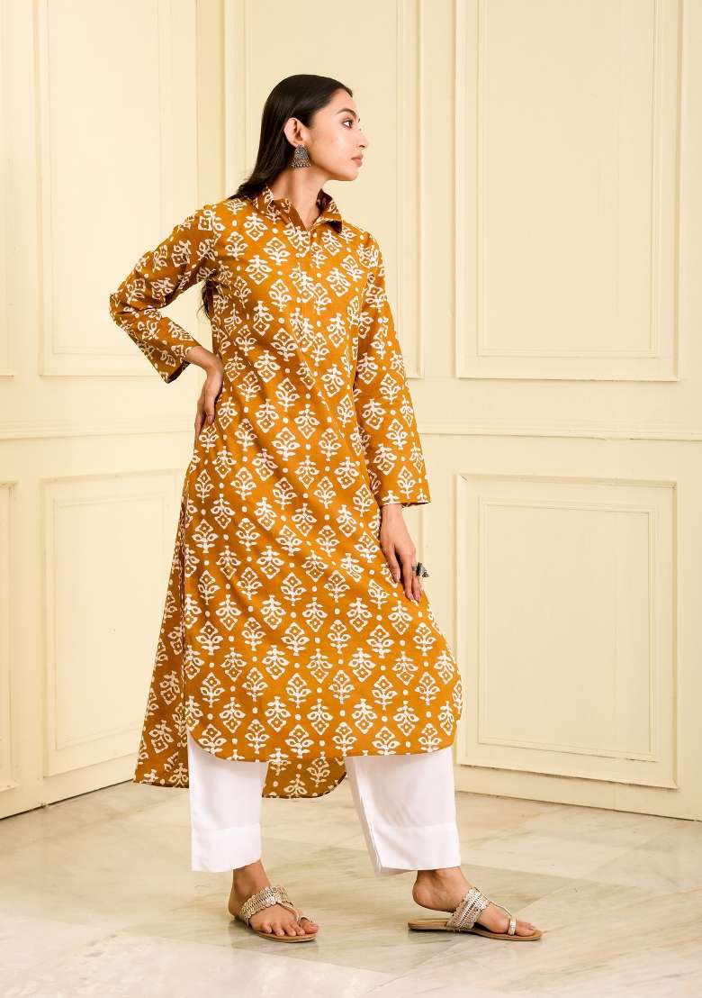 Mustard Yellow Hand Block Organic Cotton Kurta - Indya
