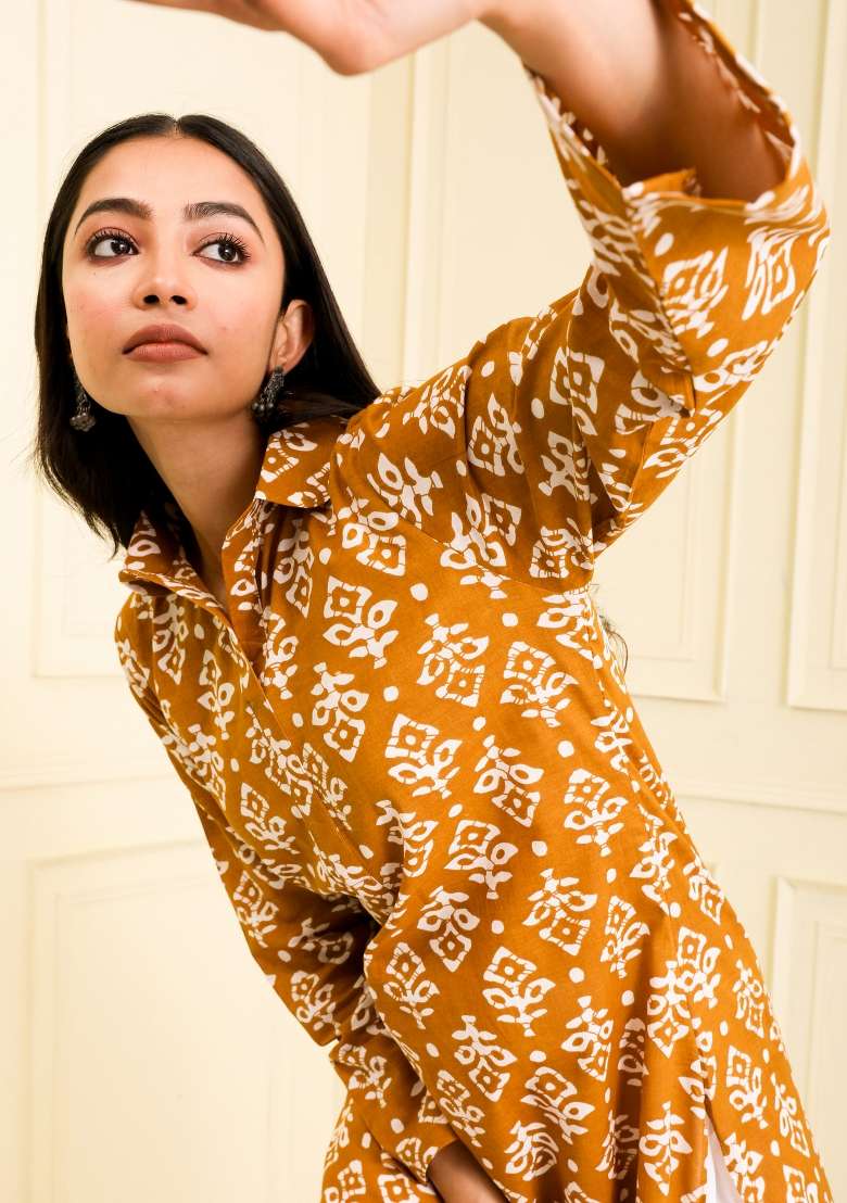 Mustard Yellow Hand Block Organic Cotton Kurta - Indya