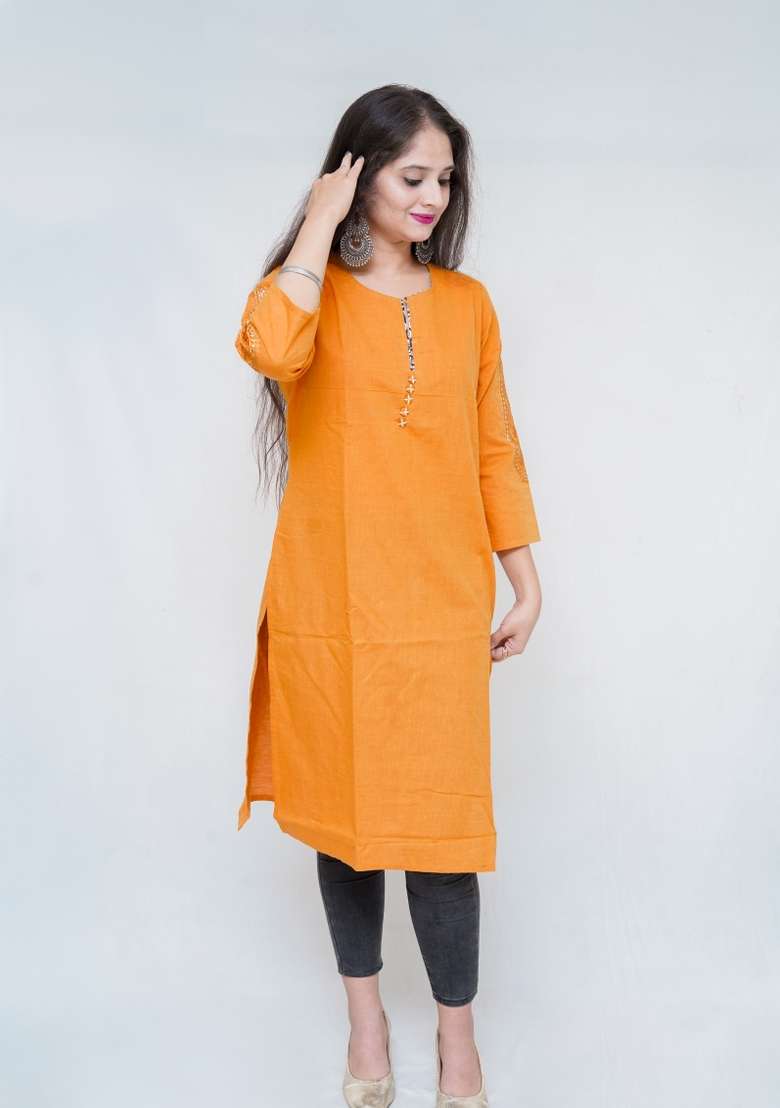 Mustard Yellow Solid Cotton Kurta - Indya