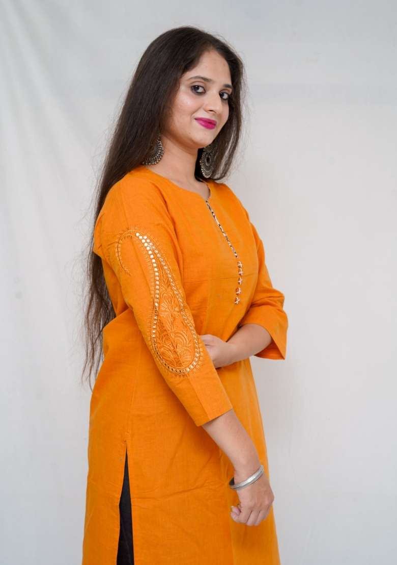Mustard Yellow Solid Cotton Kurta - Indya