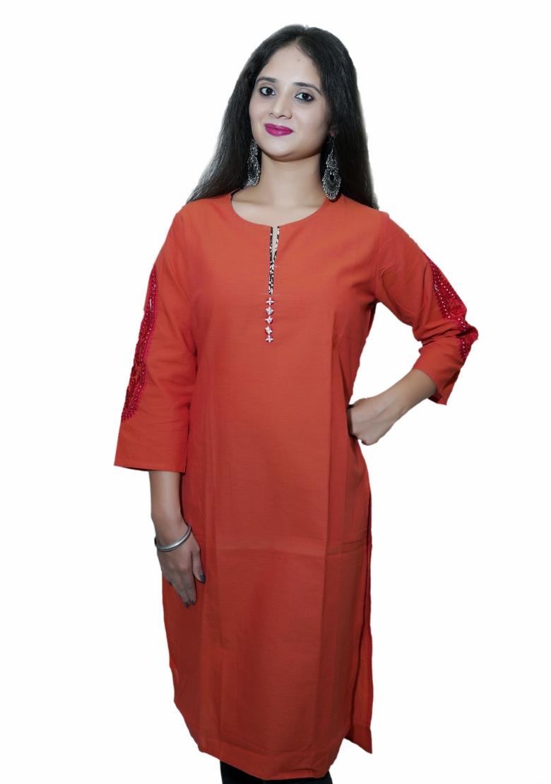 Rust Orange Solid Cotton Kurta