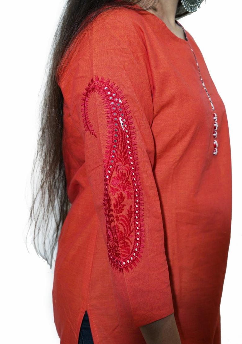 Rust Orange Solid Cotton Kurta