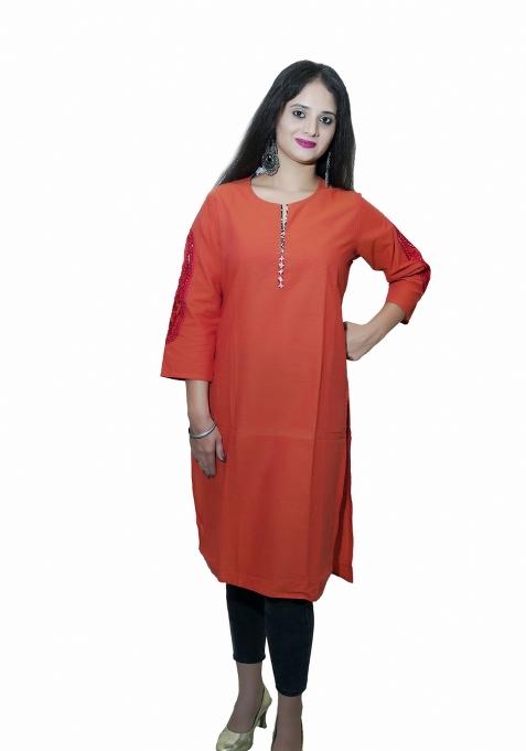 Rust Orange Solid Cotton Kurta