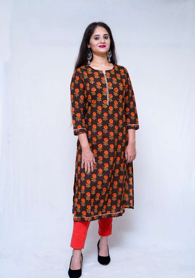 Brown Block Print Cotton Kurta - Indya
