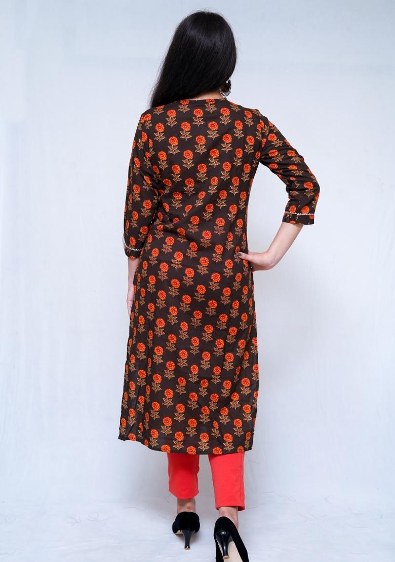 Brown Block Print Cotton Kurta
