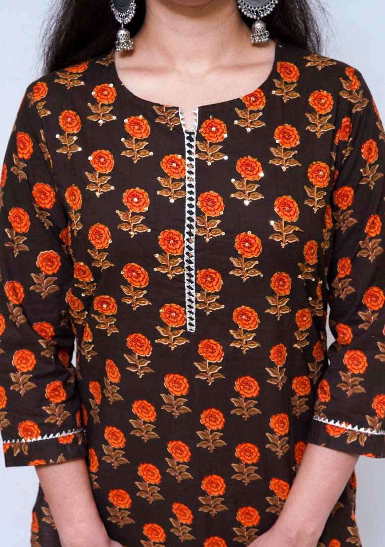 Brown Block Print Cotton Kurta - Indya