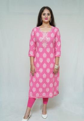 Pink Block Print Cotton Kurta
