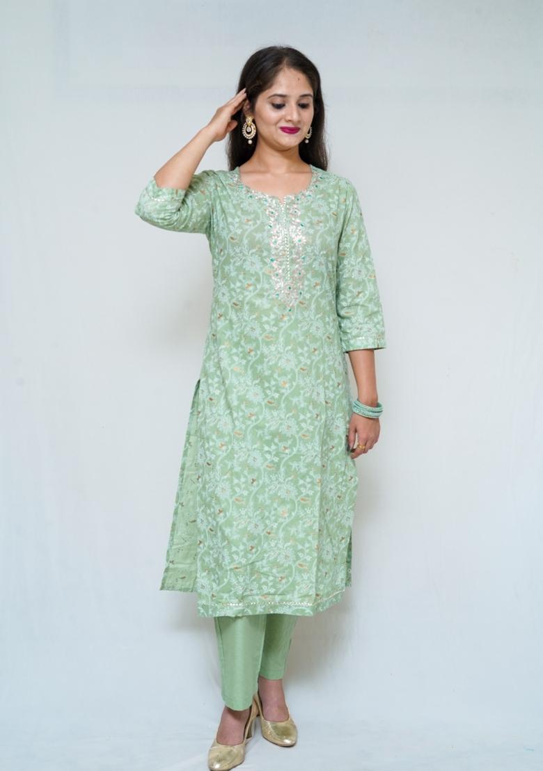 Pista Green Block Print Cotton Kurta