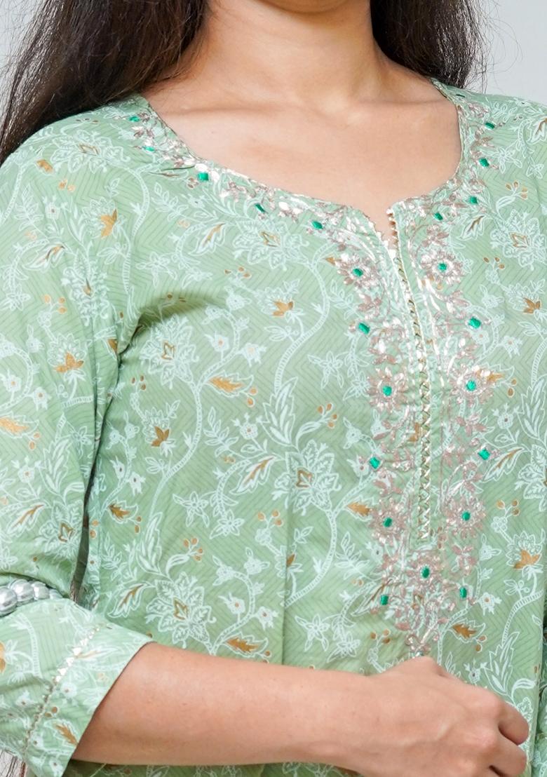 Pista Green Block Print Cotton Kurta