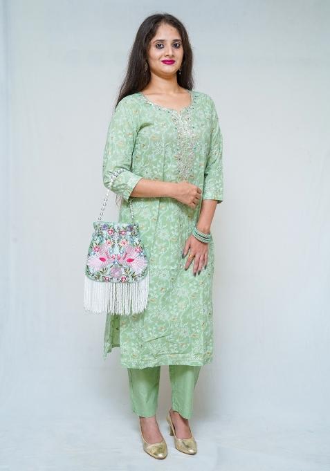 Pista Green Block Print Cotton Kurta