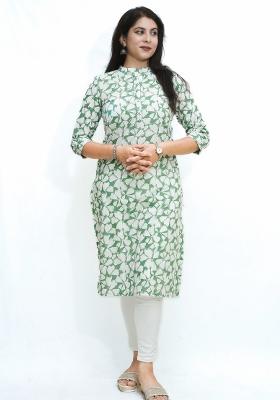White  And Olive Floral Motifs Cotton Kurta