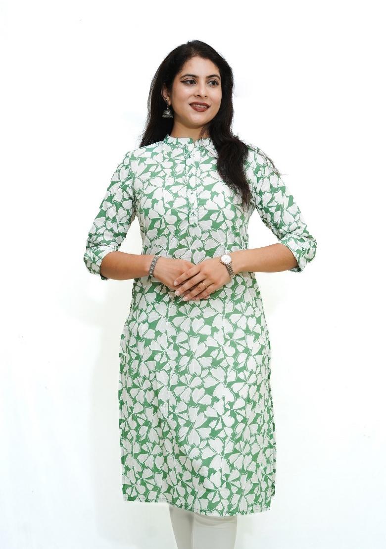 White  And Olive Floral Motifs Cotton Kurta